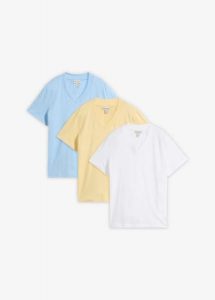 T-shirt z dekoltem w serek, z czystej bawełny organicznej, 3 szt. Niebieskie t-shirty bonprix, uniwersalny, bez wzorów, z bawełny, bez kołnierzyka, bez ramiączek. Za 97,99 zł.