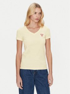 Guess T-Shirt W2YI45 J1314 Żółty Slim Fit. Żółte t-shirty Guess, xs, z aplikacjami, z bawełny, bez kołnierzyka, bez ramiączek. Za 79,99 zł.