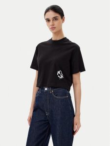 Karl Lagerfeld Jeans T-Shirt A2W17076 Czarny Cropped Fit. Czarne t-shirty Karl Lagerfeld Jeans, l, bez wzorów, z bawełny, bez kołnierzyka, bez ramiączek. Za 109,99 zł.