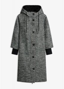 Płaszcz z materiału w optyce tweedu, z mankietami z dzianiny. Czarne płaszcze bonprix, bez wzorów, z dzianiny, bez kaptura. Za 349,99 zł.