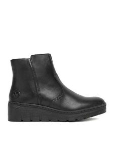 Rieker Botki CEO-X9165-01 Czarny. Czarne botki Rieker, bez wzorów, ze skóry, bez obcasa, na koturnie, bez zapięcia. Za 379,99 zł.
