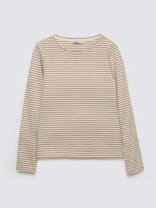 Bluzka damska w paski kremowa Vensa 103. Białe bluzki Big Star, l, bez wzorów, z dzianiny, eleganckie, bez kołnierzyka, bez ramiączek. Za 119,99 zł.