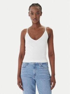 Guess Top O6GR01 Z5302 Biały Regular Fit. Białe topy Guess, l, z aplikacjami, z wiskozy, bez kołnierzyka, bez ramiączek. Za 186,99 zł.