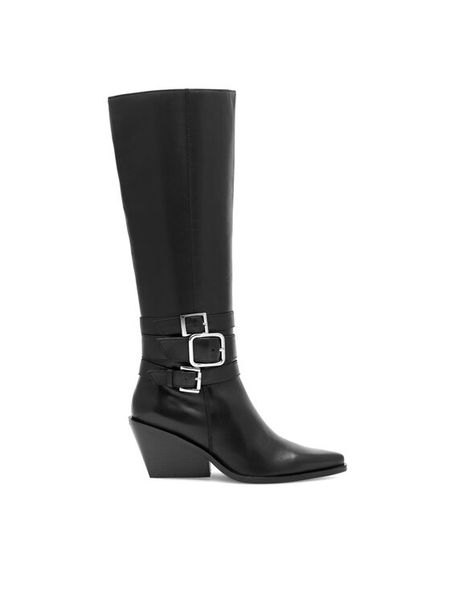 Eva Minge Kozaki CAREI-111347 Czarny. Czarne kozaki Eva Minge, bez wzorów, ze skóry, bez obcasa, na słupku, bez zapięcia. Za 449,99 zł.