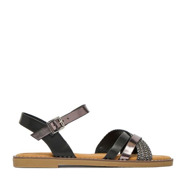 Sandały JENNY. Czarne sandały Jenny, bez wzorów, bez obcasa, na płaskiej podeszwie, bez zapięcia. Za 99,99 zł.