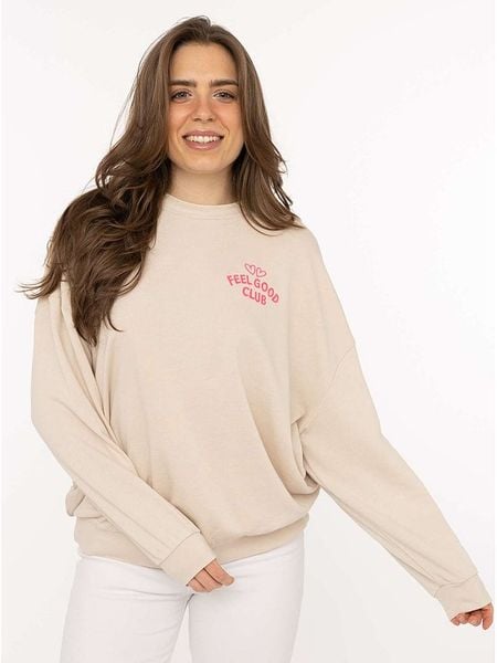 Zwillingsherz Bluza "Feel Good Club" w kolorze beżowym rozmiar: L/XL. Brązowe bluzy Zwillingsherz, l, bez wzorów, z bawełny, bez kaptura. Za 152,83 zł.