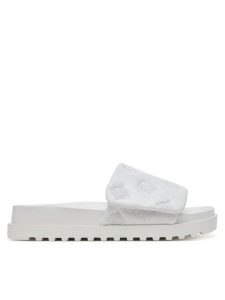 Guess Klapki FLJFA2ELE19 Biały. Białe klapki Guess, z aplikacjami, ze skóry, bez obcasa. Za 289,99 zł.