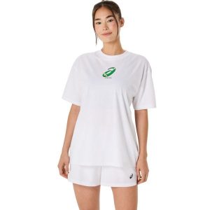 Koszulka damska Asics Court Graphic. Białe bluzki ASICS, bez wzorów, sportowe, bez kołnierzyka, bez ramiączek. Za 193,50 zł.