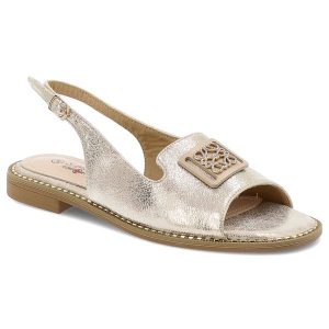 Złote Sandały S.Barski Eleganckie Obuwie Damskie. Żółte sandały S.BARSKI, z aplikacjami, ze skóry, bez obcasa, bez zapięcia. Za 139,00 zł.