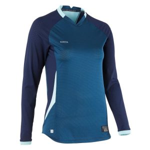 Koszulka do piłki nożnej z długim rękawem damska Kipsta krój slim. Niebieskie bluzki KIPSTA, xl, bez wzorów, z materiału, sportowe, bez kołnierzyka, bez ramiączek. Za 129,99 zł.