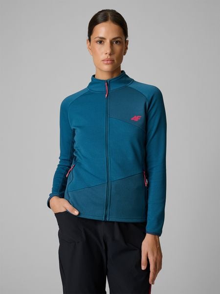 4F Bluza trekkingowa slim bez kaptura damska - turkusowa S. Niebieskie bluzy 4f, na lato, l, bez wzorów, z materiału, bez kaptura. Za 199,99 zł.