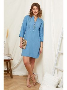 Rodier Lin Lniana sukienka w kolorze niebieskim rozmiar: XL/XXL. Niebieskie sukienki Rodier Lin, na co dzień, xl, bez wzorów, ze lnu, bez kołnierzyka, bez ramiączek, mini, proste. Za 114,71 zł.