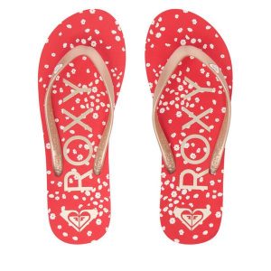 Japonki Roxy. Czerwone klapki Roxy, bez wzorów, bez obcasa. Za 89,99 zł.