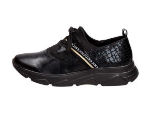 Czarne sneakersy damskie, półbuty Jezzi 2061-2. Czarne półbuty Jezzi, bez wzorów, ze skóry, bez obcasa, na obcasie, bez zapięcia. Za 159,00 zł.