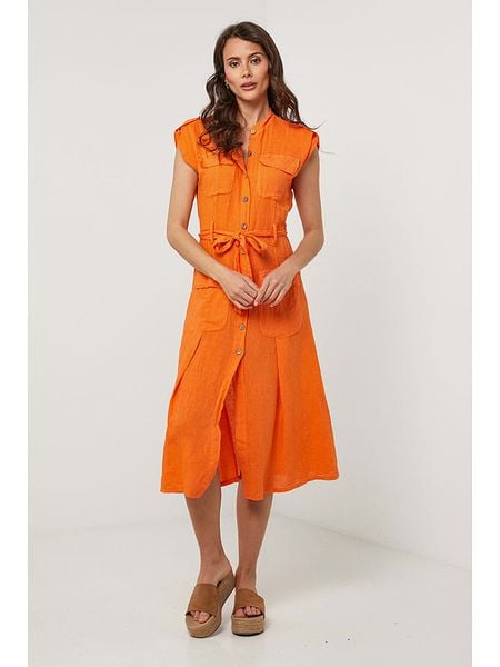 Lin Passion Lniana sukienka w kolorze pomarańczowym rozmiar: 36/38. Pomarańczowe sukienki Lin Passion, na co dzień, bez wzorów, ze lnu, klasyczne, bez kołnierzyka, bez ramiączek, midi, proste. Za 122,09 zł.