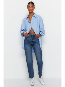 Trendyol Dżinsy - Tapered fit - w kolorze niebieskim rozmiar: 44. Niebieskie jeansy Trendyol, bez wzorów, z bawełny, z podwyższonym stanem. Za 118,56 zł.