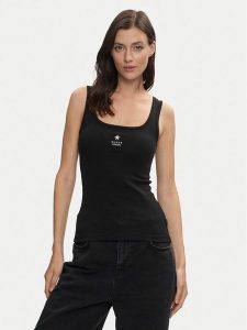 Guess Jeans Top W4YP48 KA0H1 Czarny Regular Fit. Czarne topy Guess Jeans, l, z aplikacjami, z bawełny, bez kołnierzyka, bez ramiączek. Za 129,00 zł.