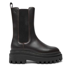 Sztyblety Calvin Klein Jeans. Brązowe botki Calvin Klein Jeans, bez wzorów, z jeansu, bez obcasa, na płaskiej podeszwie, bez zapięcia. Za 539,99 zł.