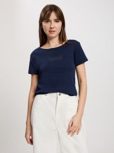 Cross Jeans Koszulka w kolorze granatowym rozmiar: L. Niebieskie bluzki Cross Jeans, l, bez wzorów, z bawełny, bez kołnierzyka, bez ramiączek. Za 52,67 zł.