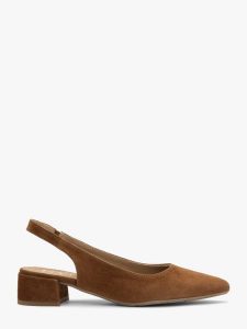 Brązowe czółenka slingback bez pięty ELIZABETH. Brązowe czółenka Ryłko, bez wzorów, z materiału, z okrągłym noskiem, bez obcasa, na obcasie, bez zapięcia. Za 379,99 zł.