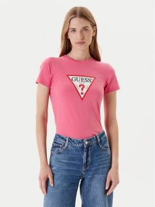 Guess Jeans T-Shirt W4YI04 J1314 Różowy Slim Fit. Czerwone t-shirty Guess Jeans, xl, z aplikacjami, z bawełny, bez kołnierzyka, bez ramiączek. Za 109,99 zł.