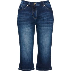 Dżinsowe bermudy z wygodnym paskiem, mid waist. Niebieskie jeansy bonprix, bez wzorów, z jeansu. Za 122,99 zł.