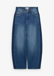 Dżinsy typu barrel, high waist, skrócona długość. Niebieskie jeansy bonprix, bez wzorów, z jeansu, z podwyższonym stanem. Za 169,99 zł.