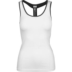 Damski klasyczny, miejski top crop top. Białe topy Urban Classics, bez wzorów, eleganckie, bez kołnierzyka, bez ramiączek. Za 102,50 zł.