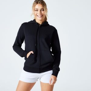 Bluza na zamek damska Domyos Gym & Pilates. Czarne bluzy DOMYOS, m, bez wzorów, z bawełny, bez kaptura. Za 99,99 zł.