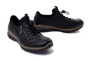 RIEKER N32G0-00 black, półbuty damskie. Niebieskie półbuty Rieker, bez wzorów, bez obcasa, bez zapięcia. Za 369,90 zł.