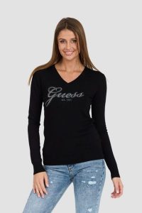 GUESS Czarny damski sweter Saige Logo Vn Ls Swtr. Czarne swetry klasyczne Guess, s, z materiału, bez kołnierzyka. W wyprzedaży za 324,99 zł.