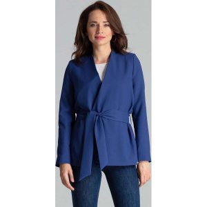 Szafirowy Stylowy Żakiet bez Zapięcia z Wiązanym Paskiem. Niebieskie marynarki i żakiety Katrus, l, bez wzorów, z materiału, eleganckie. Za 299,00 zł.