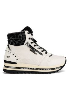 Mustang Trzewiki 1364-503 Biały. Białe botki Mustang, bez wzorów, ze skóry, bez obcasa, na płaskiej podeszwie, bez zapięcia. Za 399,99 zł.