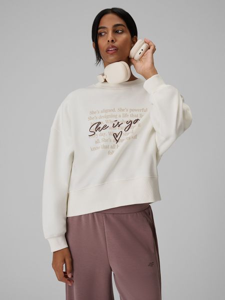 4F Bluza dresowa loose bez kaptura damska - kremowa XS. Białe bluzy 4f, xs, bez wzorów, z dresówki, bez kaptura. Za 149,99 zł.