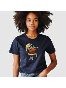 WOOOP Koszulka "Burger greeting" w kolorze granatowym rozmiar: M. Niebieskie bluzki Wooop, m, bez wzorów, z bawełny, bez kołnierzyka, bez ramiączek. Za 61,60 zł.
