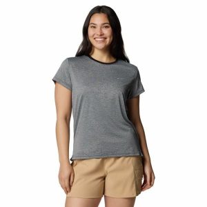 Koszulka techniczna damska Columbia BlueVista Hill Short Sleeve Crew. Szare koszulki sportowe Columbia, bez wzorów, bez ramiączek. Za 79,99 zł.