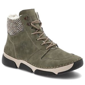 Zielone Botki Rieker Modne Buty Damskie. Zielone botki Rieker, bez wzorów, z dzianiny, bez obcasa, bez zapięcia. Za 359,00 zł.