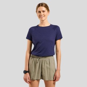 Koszulka damska Odlo ESSENTIAL 365 T-shirt. Niebieskie bluzki ODLO, bez wzorów, bez kołnierzyka, bez ramiączek. Za 219,99 zł.