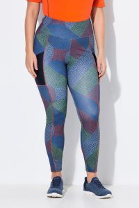 Damskie Funkcjonalne legginsy pleciony wzór siatkowa kieszeń. Niebieskie legginsy Ulla Popken, bez wzorów, z materiału. Za 191,99 zł.