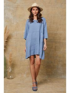 Joséfine Lniana sukienka "Direct" w kolorze niebieskim rozmiar: M. Niebieskie sukienki Joséfine, m, bez wzorów, ze lnu, bez kołnierzyka, bez ramiączek, mini. Za 152,99 zł.