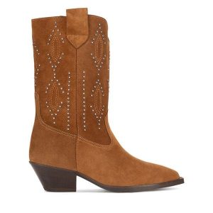 Kowbojki Badura. Brązowe botki Badura, bez wzorów, bez obcasa, na słupku, bez zapięcia. Za 479,99 zł.