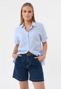 Koszula damska w paski C-FIDA. Niebieskie koszule Volcano, l, bez wzorów, z bawełny, bez kołnierzyka, bez ramiączek. Za 99,99 zł.