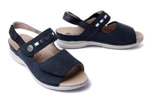 RIEKER V7473-14 blue, sandały damskie. Niebieskie sandały Rieker, bez wzorów, bez obcasa, na koturnie, bez zapięcia. Za 271,92 zł.