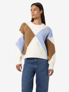 Noisy may Sweter w kolorze jasnobrązowo-błękitno-kremowym rozmiar: S. Brązowe swetry oversize Noisy may, s, bez wzorów, ze splotem, bez ramiączek. Za 153,71 zł.