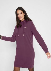 Sukienka dresowa z kapturem. Czarne sukienki bonprix, bez wzorów, z dresówki, eleganckie, bez kołnierzyka, bez ramiączek. Za 114,99 zł.