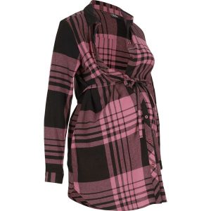 Długa bluzka ciążowa z miękkiej bawełnianej flaneli. Niebieskie bluzki bonprix, bez wzorów, z bawełny, bez kołnierzyka, moda ciążowa, bez ramiączek. Za 124,99 zł.