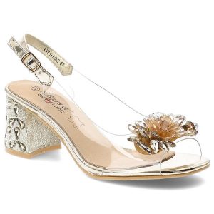 Sandały damskie S.Barski, cholewka z transparentnego materiału z regulacją na klamrę na wysokim obcasie, złote, KV61-6068. Żółte sandały S.BARSKI, bez wzorów, bez obcasa, na obcasie, bez zapięcia. Za 199,00 zł.