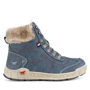 Botki Mustang. Niebieskie botki Mustang, bez wzorów, bez obcasa, na płaskiej podeszwie, bez zapięcia. Za 258,99 zł.