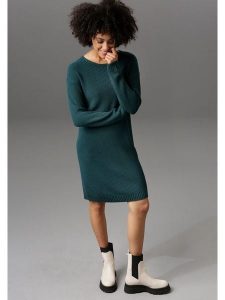Aniston Sukienka dzianinowa w kolorze morskim rozmiar: 38. Niebieskie sukienki Aniston, bez wzorów, z dzianiny, bez kołnierzyka, bez ramiączek, mini. Za 82,99 zł.