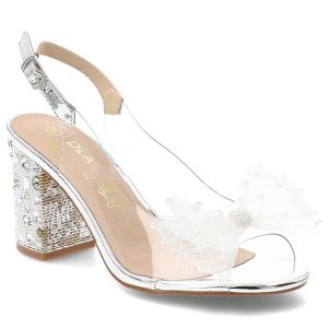 Sandały damskie S.Barski, transparentny pasek ozdobna kokarda regulowany pasek stabilny obcas elegancki fason, srebrne, MR61-9010. Szare sandały S.BARSKI, bez wzorów, bez obcasa, na obcasie, bez zapięcia. Za 199,00 zł.